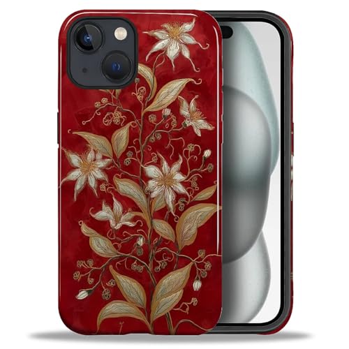 ZHEGAILIAN Case for iPhone 15,Shockproof Hard Shell + Soft Silicone 2 in 1 Hybrid,Shockproof Bumper Drop Protective - White Flowers On Deep Red