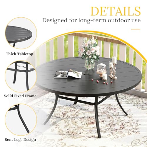 Image of VICLLAX 60 inch Outdoor Round Patio Table for Lawn Garden, All Weather Metal Round Patio Dining Table with Adjustable Umbrella Hole, Outdoor Table for 8-10 Person, Black Tabletop