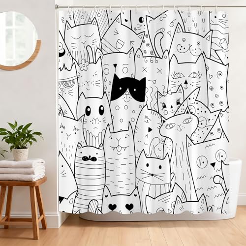 BREASOME Rideau de Douche Chat Drôle Anti Moisissure 180 x 180 cm Rideau Douche Cartoon Illustration Chaton Tissu Polyester Imperméable Lavable Rideau...