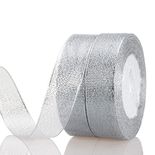 YASEO 1 Inch Silver Glitter Ribbon, 50 Yards Sparkly Metallic Fabric Ribbons for Gifts Wrapping Wedding Party Decoration and Crafts