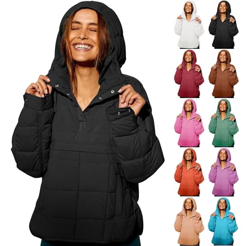Womens Quilted Pullover Puffer Jacket Lightweight Hooded Down Coat Button Long Sleeve Padded Coat with Pockets