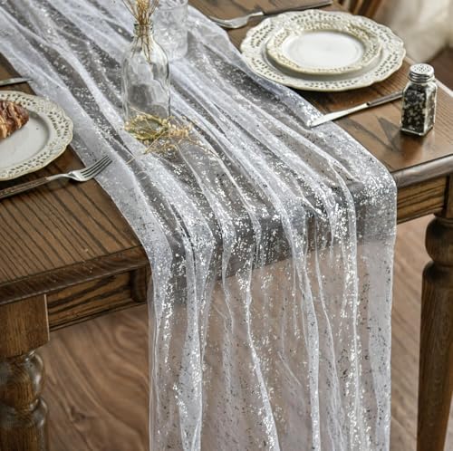 Artoid Mode White Silver Gauze Table Runner 120 Inch 10FT,