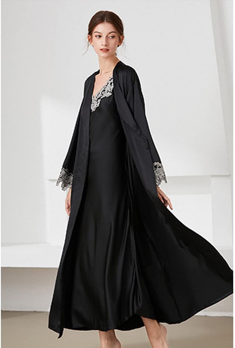 ASHER FASHION 2 Piece Women Satin Nightgowns and Robe Set Sexy Lace Silk Slip Dress Long Chemise Nightdress Sleepwear - Image 2