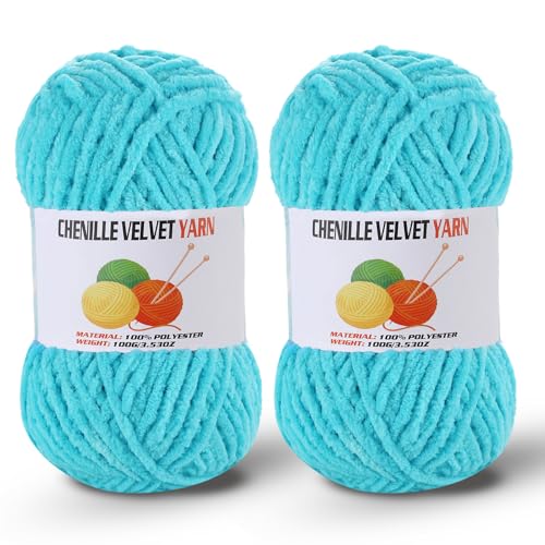 Image of 2 * 100g /3.5oz Fluffy Chenille Yarn for Crocheting, Chunky Velvet Yarn for Crochet Amigurumi, Used for Making Baby Yarns Blanket, Clothes, Pattern Knitting Creations (Lake Blue)