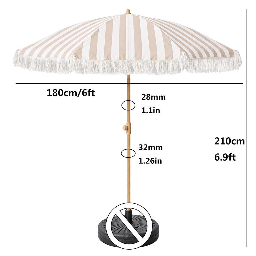 180 cm Paskowany Parasol Tarasowy z Frędzlami, Boho Parasol Ogrodowy z Regulowaną Wysokością i Kątem Nachylenia 30° do Basenu Ogrodowego