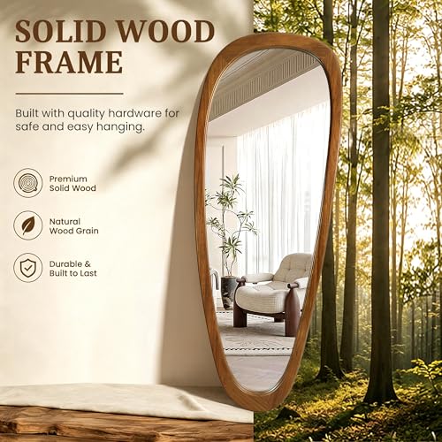 Image of Irregular Wall Mirror Full Length,60 inchx22 inch Large Asymmetrical Mirrors with Solid Wood Frame, Mid Century Modern Mirror Odd Shaped for Living Room, Entryway Hall, Bathroom(Natural Wood)
