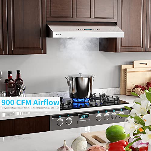 IKTCH Upgrated 30″Under Cabinet Range Hood, 900 CFM Ducted Range Hood with 4 Speed Fan, White Stainless Steel & Tempered Glass Range Hood 30 inch with Gesture Sensing&Touch Control Making life Smarter