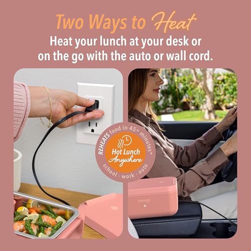 Bentgo Heat - Electric Lunch Box - Portable Food Warmer for Adults, Heated Lunch Box for Work, Travel, School & On the Go, Plug Into Wall or Car, Ideal for Ages 14+, 12V/24V & 120V Cords (Pink Spice)