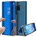 Produktbild KunyFond Überzug Spiegel Hülle für Samsung Galaxy J2 Pro 2018 PU Leder Tache Brieftasche Schutzhülle Durchsichtig Clear View Handyhülle Ledertasche Flip Wallet Cover Standfunktion Schale Case (Blau)