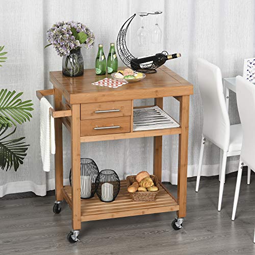 image for HOMCOM Bamboo Rolling Kitchen Island Trolley Utility Cart with Rolling