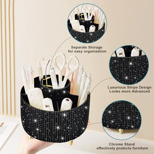 Image of Diesisa Bling Diamond 360 Makeup Brush Holder Organizer, Rotating Makeup Brush Organizer,5 Slot Make up Brushes Cup for Cosmetics, Vanity Desktop Organizer, Gift for Women Teen Girls- Diamond Black