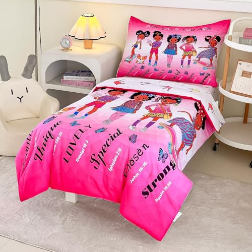 Image of 4-Piece Toddler Bedding Set for Girls - Black Girl Magic Comforter Set Includes Comforter, Flat Sheet, Fitted Sheet, Pillowcase