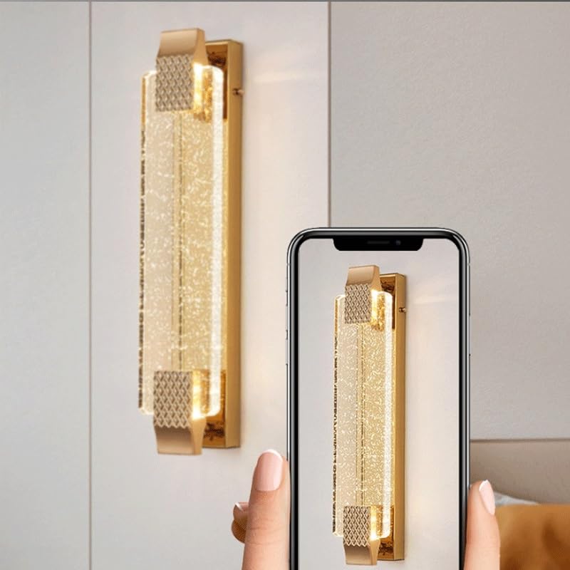 Gold LED Wall Sconce with Bubble Crystal Stick Wall Light Modern Bathroom Vanity Wall Lamp, Three-Color Dimmable,Exterior Flush Fixture,for Stairs Hotel Villa Cafe Office Courtyard(15.7in)