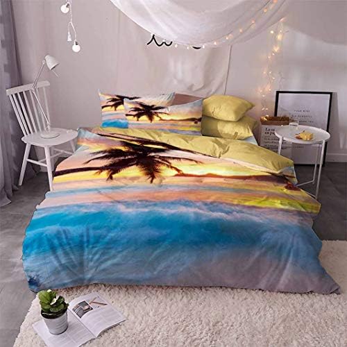 omefit Sunset Beach 3D Bedding Set (Duvet Cover Set+ 2 Pillowcases) Beach View Print Duvet Cover Set Without Any Filling