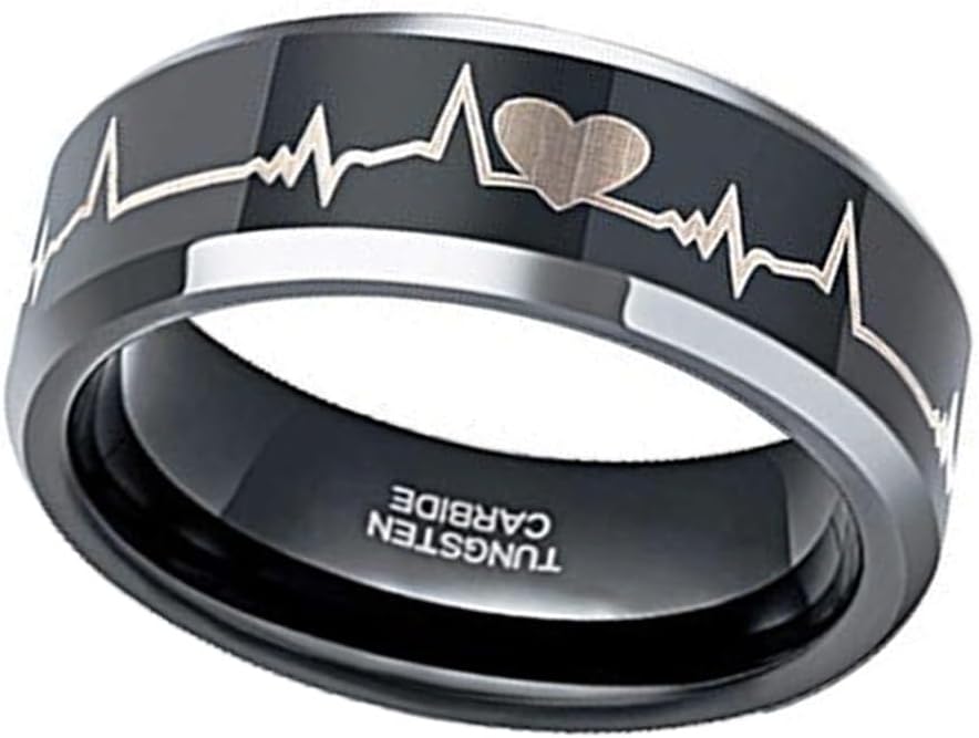 (8mm) Unisex, Women's or Men's EKG Heartbeat Wedding Ring Band. Couple's Black Tungsten Carbide Love Ring with Silver tone edges and Laser Etched Heart Line. One Year Warranty Included.