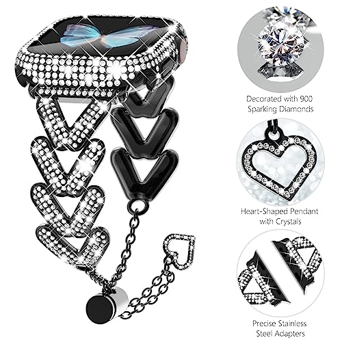 WINGLE Bling Band and Case for Apple Watch Band Series 11 10 42mm Women, Luxury Sparkle Rhinestone Crystal Metal Band Designer Chain Bracelet with Diamond Screen Protector Case, 42 mm Black - image 3