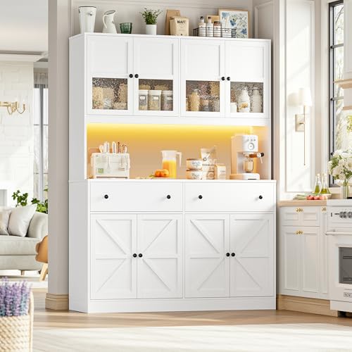 Image of FINETONES 71 inch Pantry Cabinet with LED Light and Charging Station, Farmhouse Kitchen Pantry Cabinet with Microwave Stand, 47.2 inch Wide Kitchen Hutch Food Pantry with Open Countertop, White