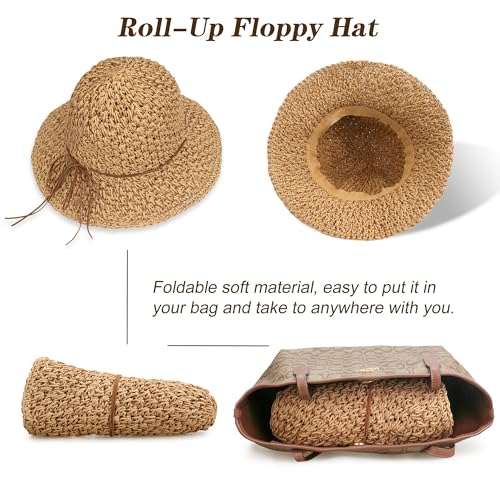 Image of Women Wide Brim Sun Hat UPF50 Straw Summer Hat Floppy Beach Hat Roll-Up
