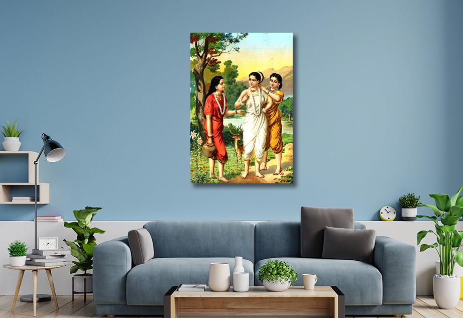Image of Sikhash Raja Ravi Varma Canvas Paintings Classic Art, Indian Art, Famous Artist, Wall Painting for Living Room, Bedroom, Office, Unframed, Multicolor Fabric Size - 23x15 inches (58x38 cms, Shakuntala and Sakhis)