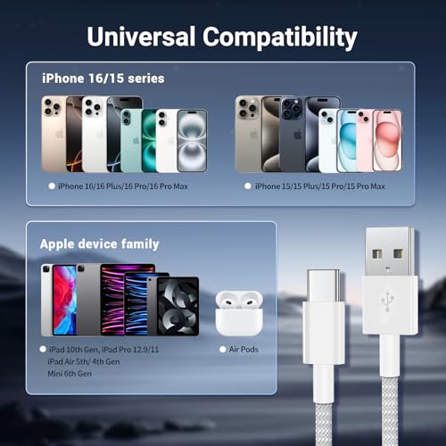 Image of UCALMA Car Carplay Cable for iPhone 17 16 15 Pro Max, 2Pack [6FT+10FT] Long USB A to USB C Cable Fast Charging, USBC Charger Cord Braided for iPhone 17 /16 /15 Pro Max /Pro /Air /Plus for iPad Pro 12.9 /11