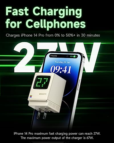 Image of SHARGE USB C Charger, Retro 67 Power Display 3-Port Fast GaN Charger with Digital Rain, 67W Foldable, for Phone 17 /16 /15 Pro Max, iPad, MacBook, Galaxy, Google Pixel Gifts Idea