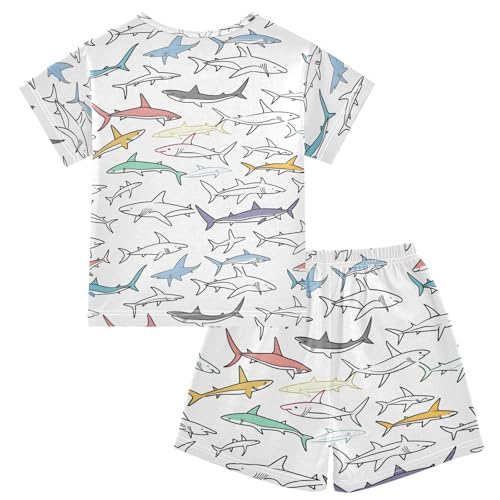 ALAZA Shark on White Cartoon Pajamas Short Sleeve 2 Piece Sleepwear Top and Bottom Pajama Set Unisex2