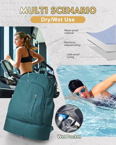 Image of Gym Backpack for Women Men, Lightweight Gym Bag with Shoe Compartment, Waterproof Sports Backpack with Wet Pocket, Peacock Blue