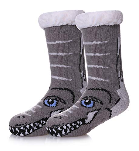 TRUEHAN Kids Boys Girls Fuzzy Slipper Socks Cute Animal Super Soft Fluffy Warm Sherpa lining Non Skid Winter Indoor Socks (Grey Dinosaur, 4-7Years)