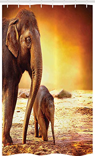 ABAKUHAUS Zoo Schmaler Duschvorhang, Mutter-Baby-Elefant-Familie, Badezimmer Deko Set aus Stoff mit Haken, 120 x 180 cm, Dunkle Orange Orange