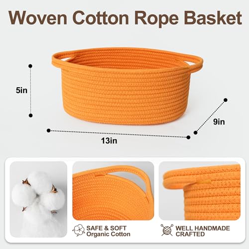 Image of WILLITAT Orange Basket for Gifts Empty, 13 inchx 9 inchx 5 inch Small Woven Gift Basket with Bag and Ribbon, Cotton Rope Dog Cat Toy Bin Box, Cute Baby Nursery Organizer, Decorative Storage with Handles, Orange