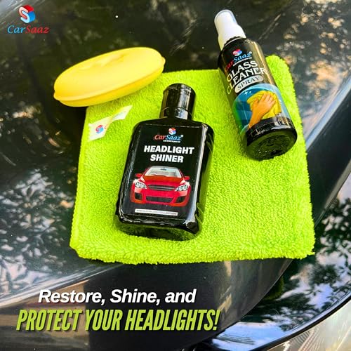 Image of CAR SAAZ Car Headlight Cleaning Kit | Headlight Shiner & Glass Cleaner Combo with Applicator Pad & Microfiber Cloth | Complete Restoration & Shining Kit for Vehicles Glass and Headlights
