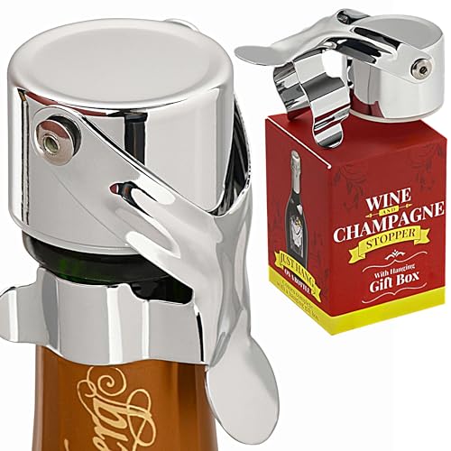 Wine Stopper & Champagne Stopper All In One - Patented Seal, Preserves Bubbles & Taste for Prosecco, Cava, and Wine – 1 Pro Grade Chrome Evan James Bottle Stopper With Hanging Gift Box