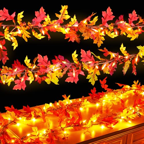 Thanksgiving Decorations Fall Garland with Lights 9Ft Plug in Lighted Thanksgiving Garland with 50 Incandescent Bulbs Fall Decor Lights for Outdoor In
