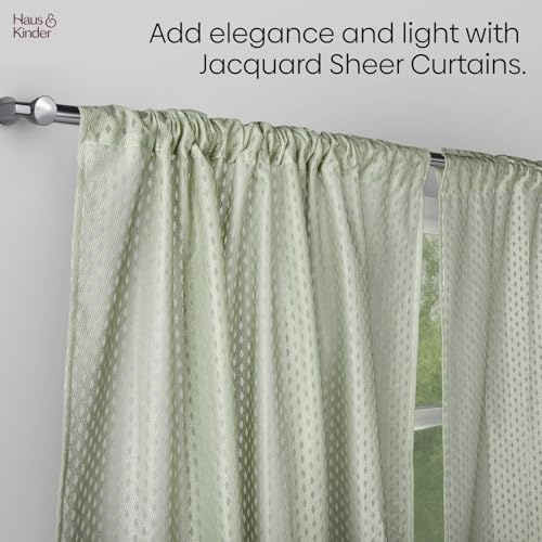 Image of haus & kinder Jacquard Sheer Window Curtains 5 Feet Long Pack of 2 Window Curtains, 5 Feet Curtains for Window, (Abstract Geometric Design, Sage Ripple Ice Blue, 114x152cm)
