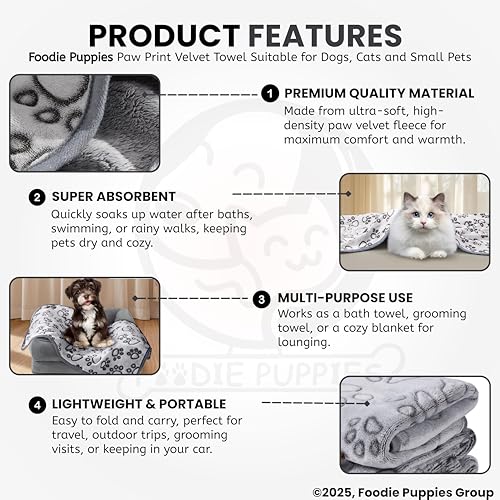 Image of Foodie Puppies Quick Drying Microfiber Pet Towel, (Paw Print Bath Towel) (Grey, 107 cm x 85 cm) Large Super Absorbent Soft Fleece Bath Towel for Drying Dogs & Cats, Grooming Blanket