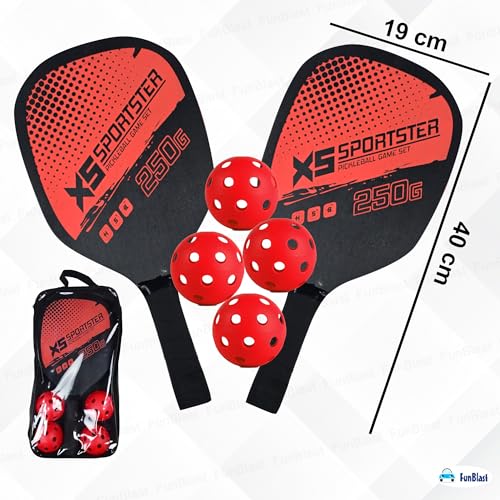 Image of FunBlast Pickle Ball Racket Set - 2 Premium Wood Rackets with 4 Balls & Portable Carry Bag, Ideal for Kids, Men & Women - Durable & Lightweight, Outdoor Activities (Red)