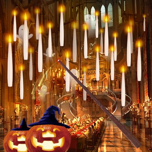 Image of 20 Pcs Floating Candles with Wand Remote Timer for Halloween Decor - White