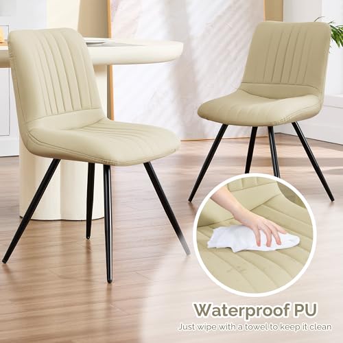 Image of Dining Chairs Set of 6, Modern Dining Chairs with Thick Cushions, PU Leather Upholstered Kitchen Dining Room Chairs with Metal Legs for Dining Living Room (Khaki)