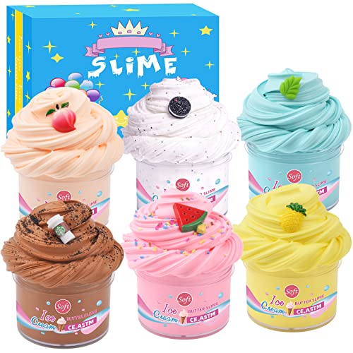 Butter Slime Kit, with Coffee Cup, Peach, Watermelon,Mint Leaf ,Pineapple ,O-REO Slime,Soft and Non-Sticky DIY Toys â€¦