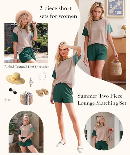 Image of MARZXIN Women 2 Piece Shorts Set 2026 Casual Summer Cruise Outfits Ribbed Loose Short Sleeve Pocket Matching Lounge Sets