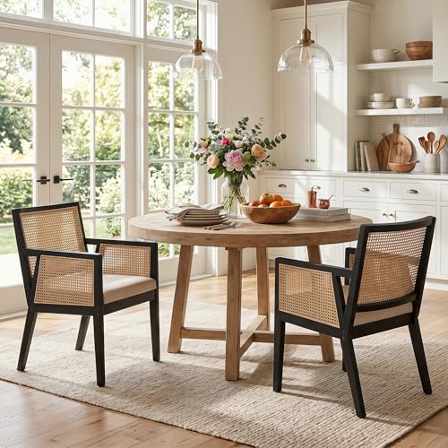 Image of HNY Farmhouse Rattan Dining Chairs with Arm Set of 2, Black Solid Hardwood Frame, Upholstered Linen Seat, Ergonomic Cane Back Dining Room Chairs for Kitchen, Dining Room, Apartment, Beige