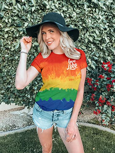 Camiseta Love Wins Feminina LGBT Orgulho Gay Tie Dye Arco-íris Lésbica Manga Curta Blusa Top, Arco-í