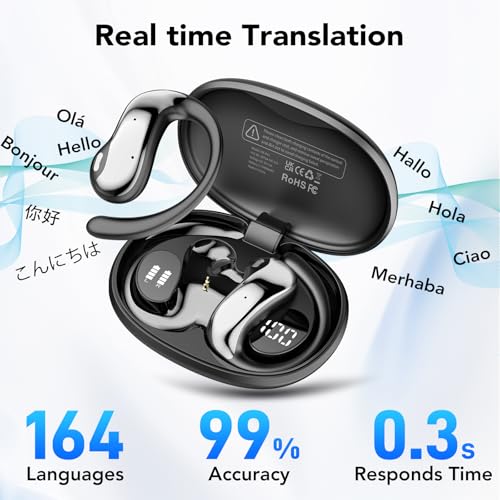 Image of Open-Ear Headphones with AI Translation Earbuds Real Time, Supports 164 Languages, 50H Playtime, Powerful Sound, LED Display, 3-in-1 Translation Headphones, for Business /Gym /Learning