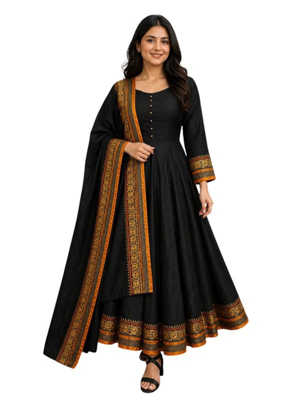 Image of Women's Vichitra Silk Anarkali Gown with Dupatta | Designer Flared Ethnic Long Gown for Women | Festive Wedding Traditional Dress