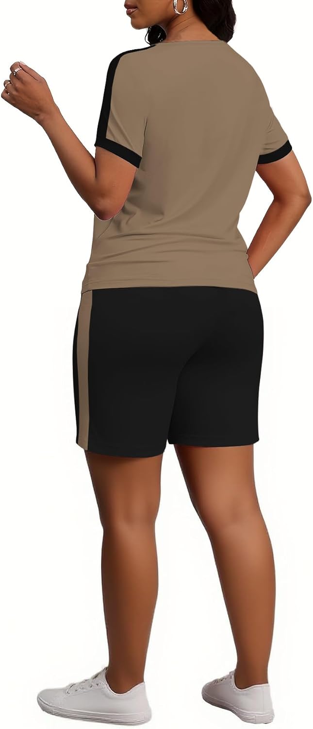 HBQ Women 2 Piece Outfits Summer Color Block Sweatsuits Track Suits Biker Shorts Workout Jogger Sets - Image 7