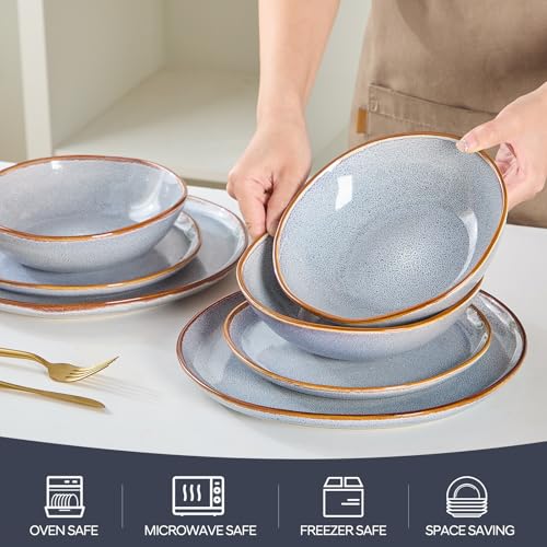 Image of Bestone 12 Pieces Round Kitchen Dinnerware Sets,Plates and Bowls Sets,Dishes, Plates, Bowls, Dish Set, Chip Resistant Ceramic Dinnerware Set, Dishwasher /Microwave Safe,Service for 4,Reactive Blue