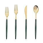 Supernal 180pcs Gold and Green Plastic Silverware Extra Heavy Duty Gold Plastic Cutlery with Green Glitter Handle Disposable Flatware for Parties, Weddings, and Outdoor Events