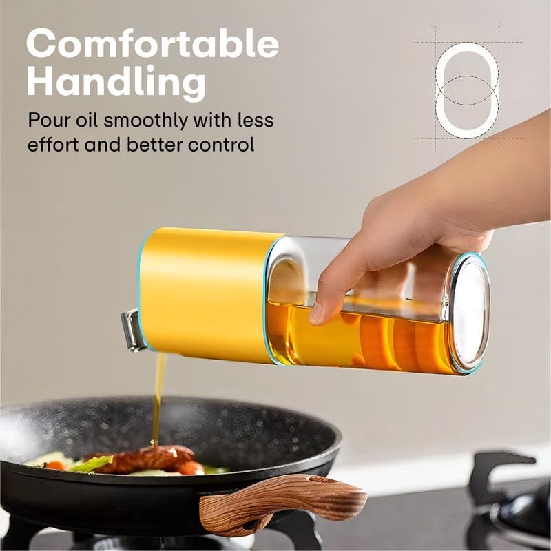 Image of PRIME PICK Smart Pour Glass Oil Dispenser Bottle Auto Flip Cap Stainless Steel No Drip Spout Leak Proof Kitchen Oil Vinegar Soy Sauce Storage Container Yellow 500 ml