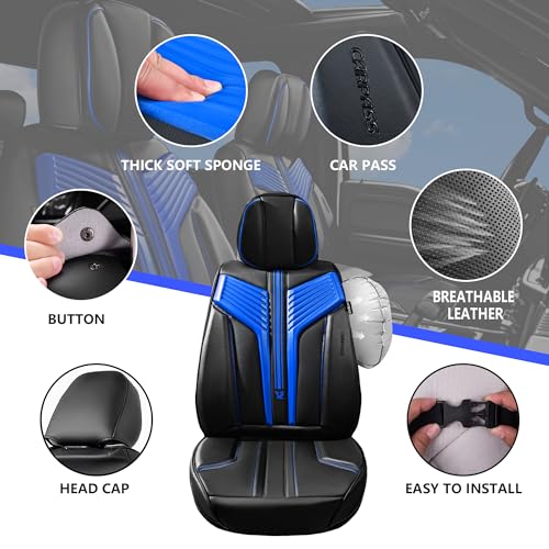 Image of CAR PASS Nappa Leather Seat Covers, Breathable Waterproof Car Seat Covers Full Set, Luxury Leather Front and Back Seats Full Coverage, Universal Fit SUV Pick-up Truck Sedan Automotive(Black Blue)