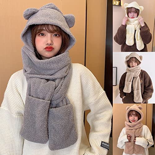 3-in-1 Multi-Functional Animal Hat Women Winter Cute Cartoon Bear Ear Hat Warm Hoodie Hat with Scarf Pocket Gloves3